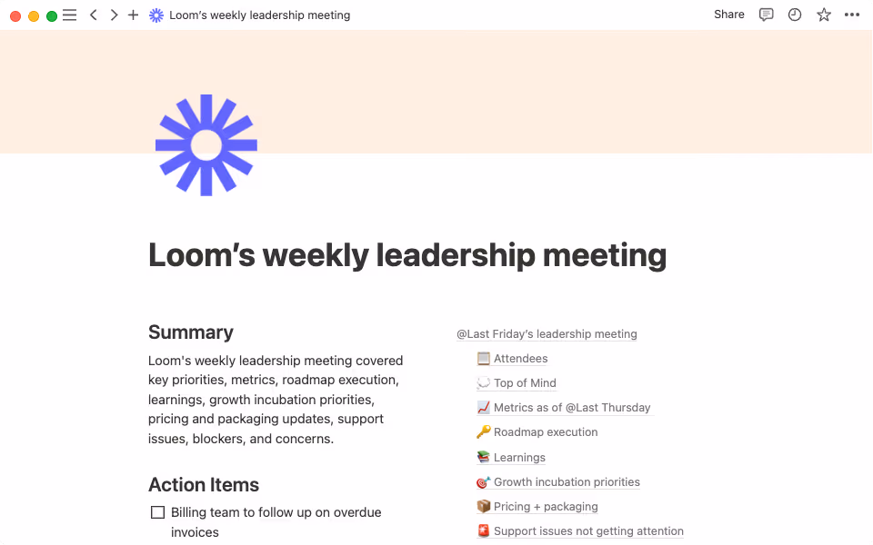 Loom uses a template to run leadership meetings aync.