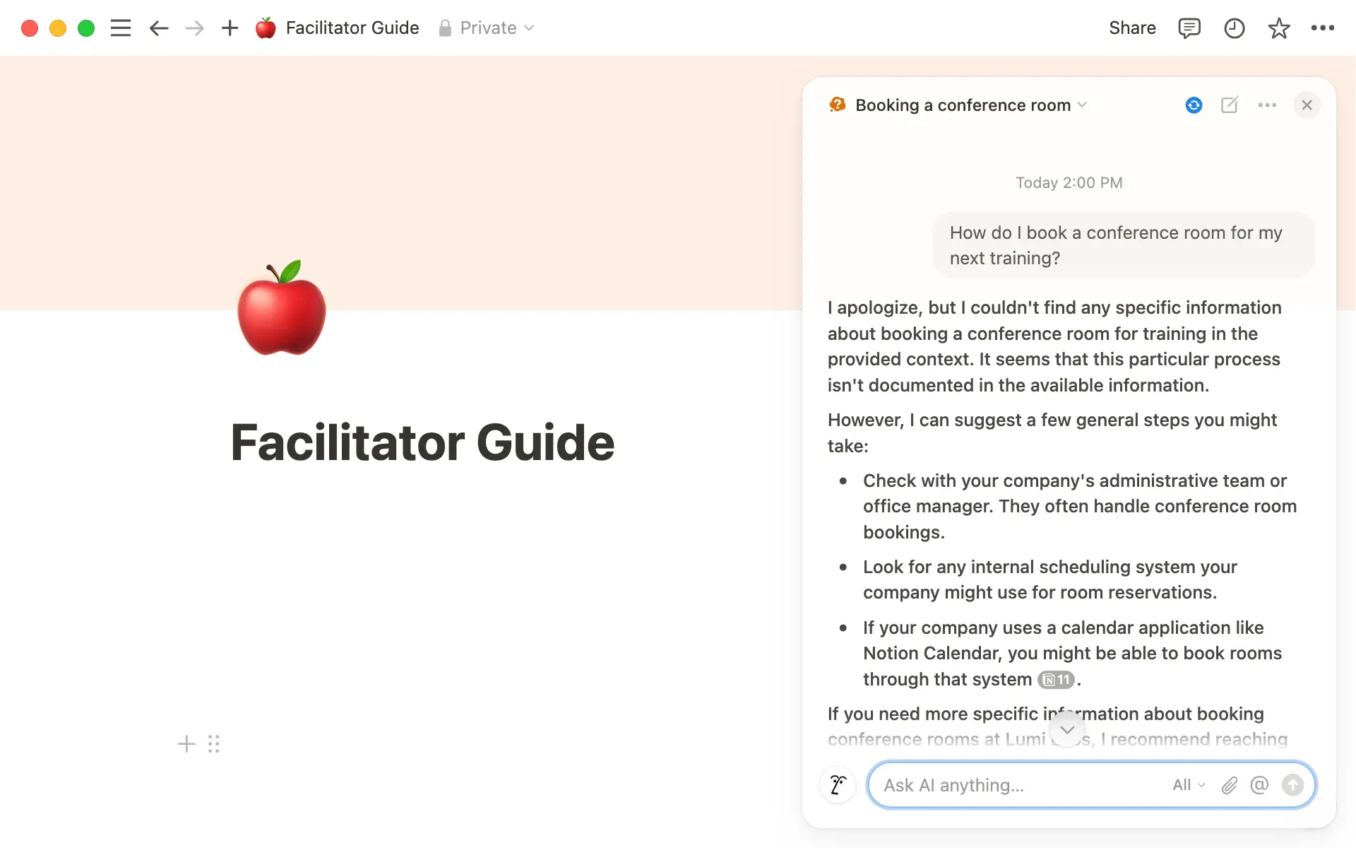 If Notion AI cannot answer your question, it will inform you and offer thought starters based on its general knowledge.