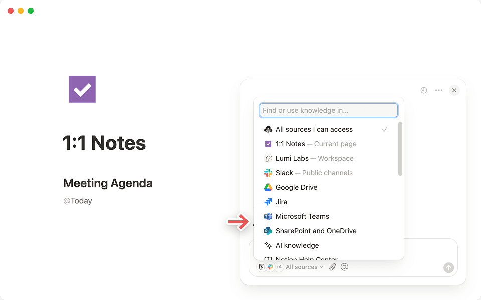 Select the + Connect apps option in the “All source” tab of your Notion AI chat to get started.