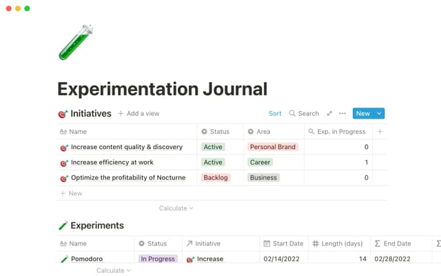 Experimentation journal